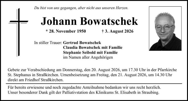 Traueranzeige Johann Bowatschek
