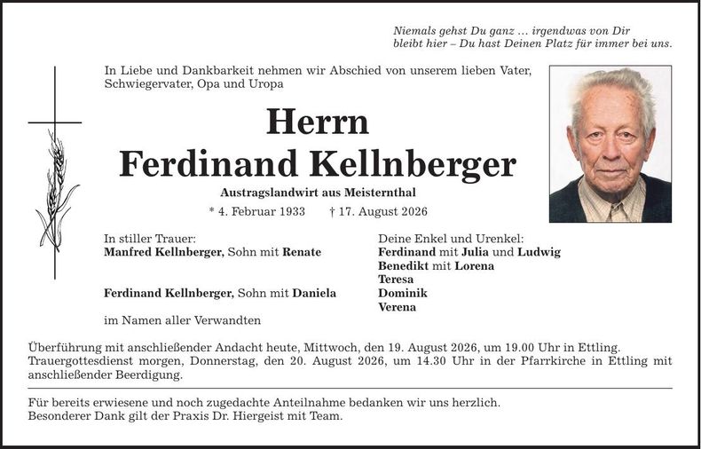 Traueranzeige Ferdinand Kellnberger