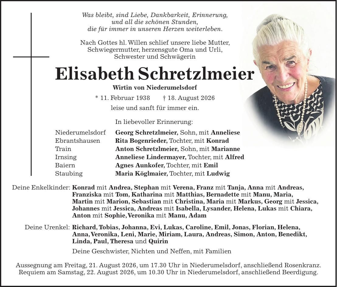 Traueranzeige Elisabeth Schretzlmeier