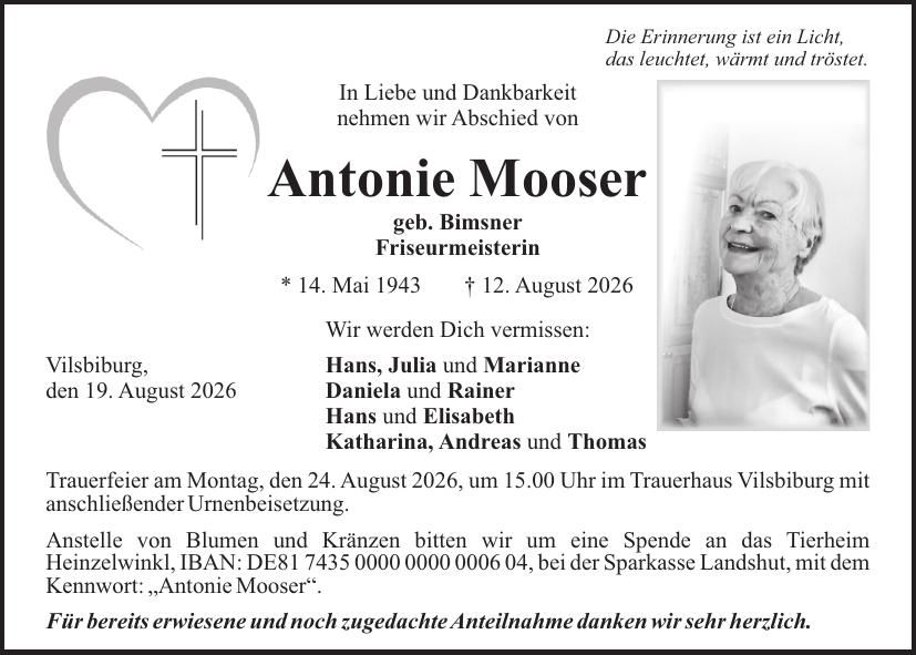 Traueranzeige Antonie Mooser