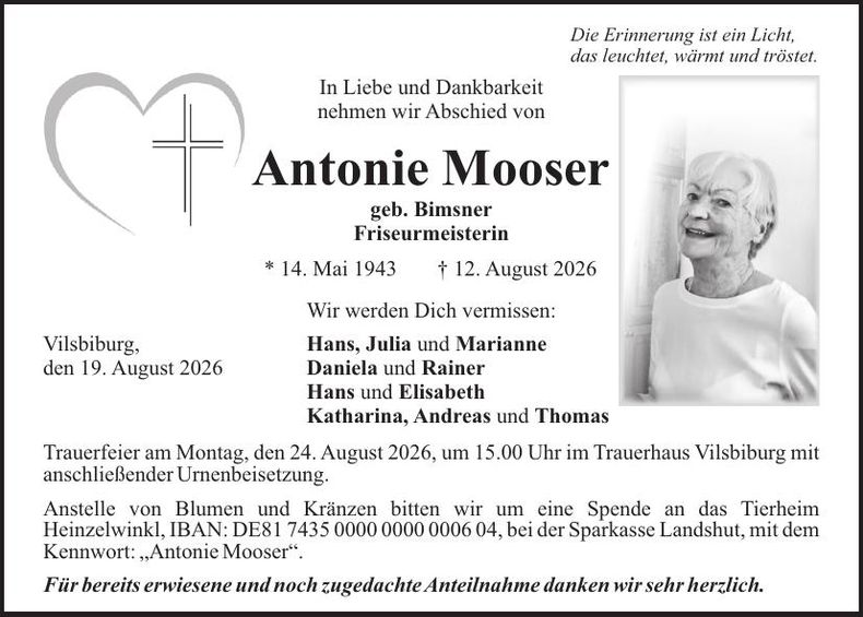 Traueranzeige Antonie Mooser