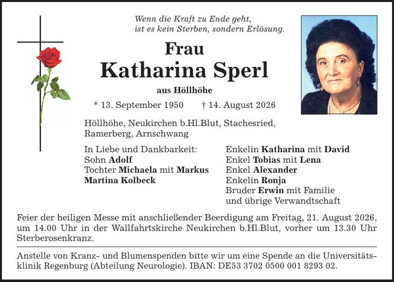 Traueranzeige Katharina Sperl