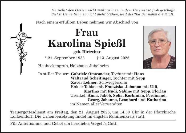Traueranzeige Karolina Spießl