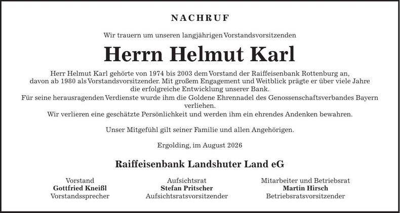 Traueranzeige Helmut Karl