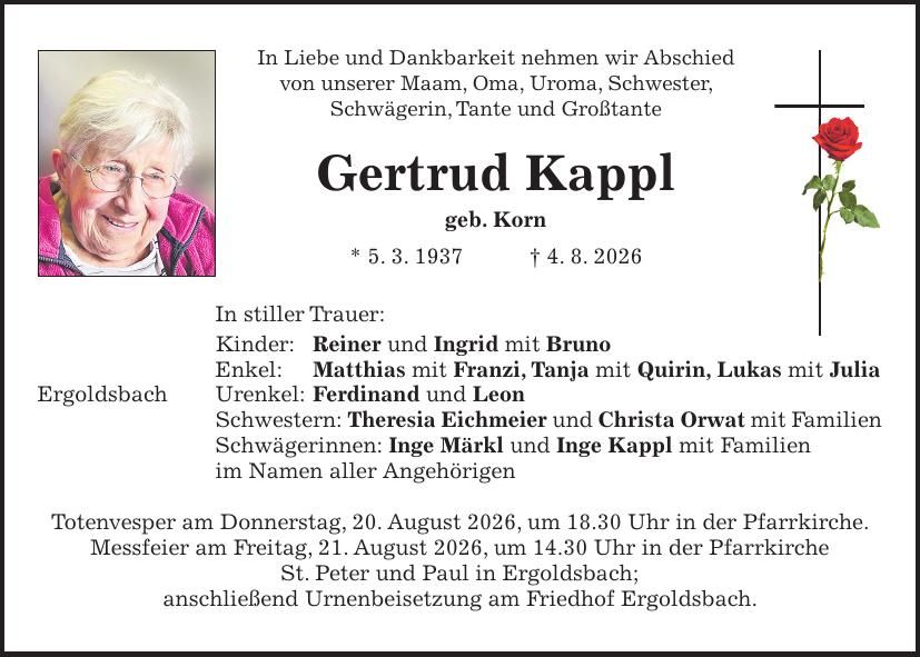 Traueranzeige Gertrud Kappl