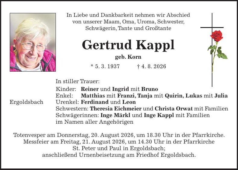 Traueranzeige Gertrud Kappl