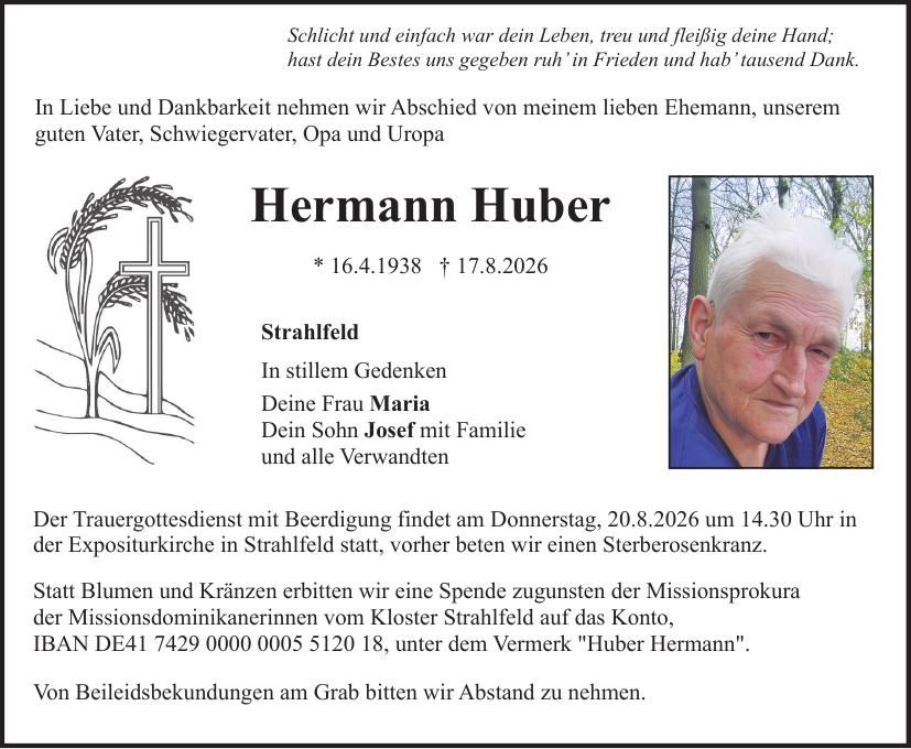Traueranzeige Hermann Huber
