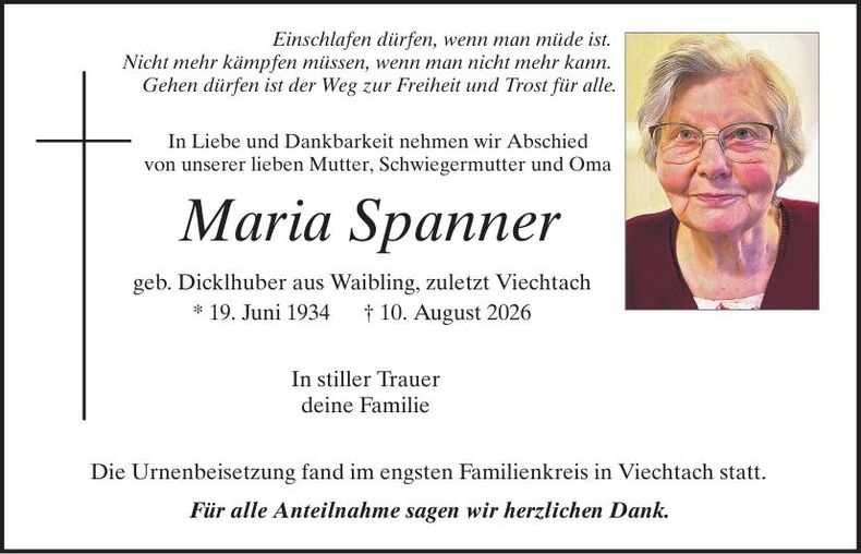 Traueranzeige Maria Spanner