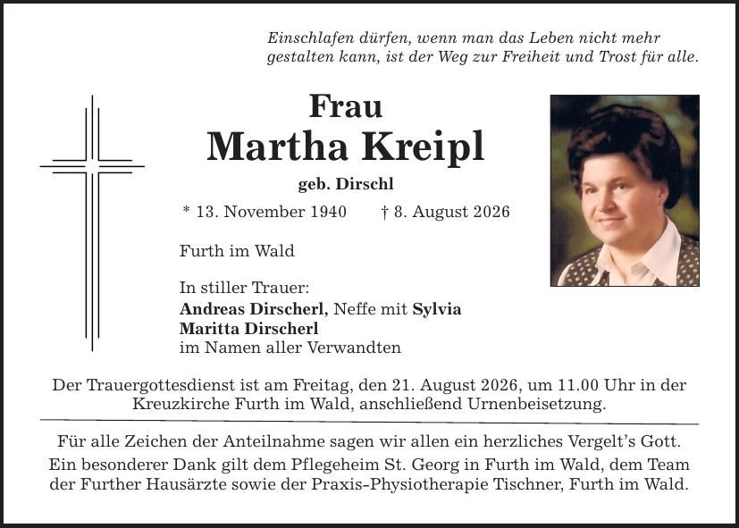 Traueranzeige Martha Kreipl