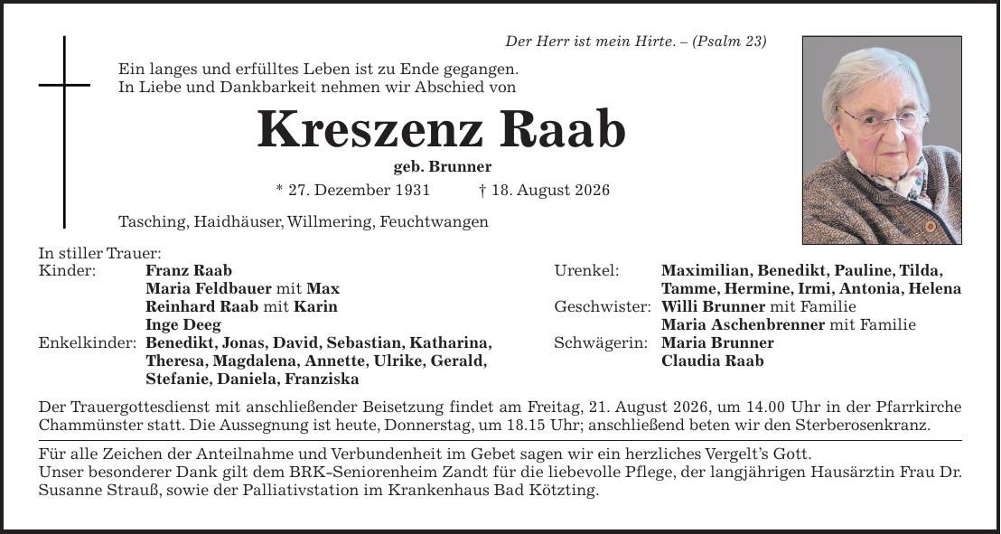 Traueranzeige Kreszenz Raab