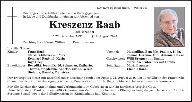 Traueranzeige Kreszenz Raab