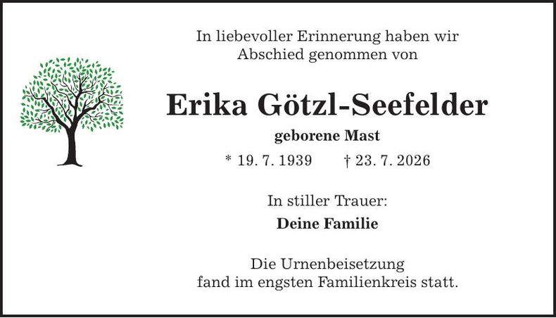Traueranzeige Erika Götzl-Seefelder