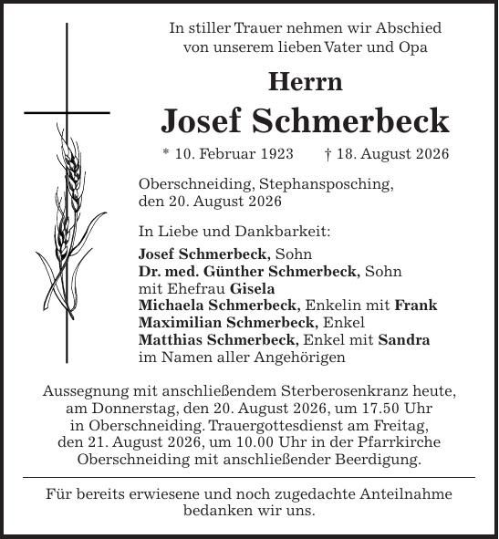 Traueranzeige Josef Schmerbeck