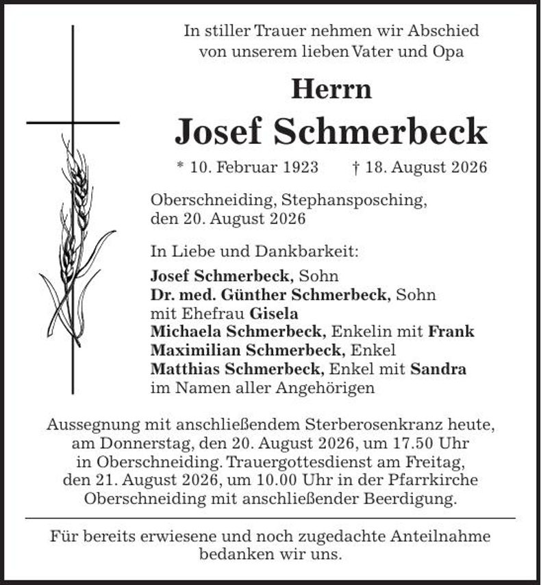 Traueranzeige Josef Schmerbeck