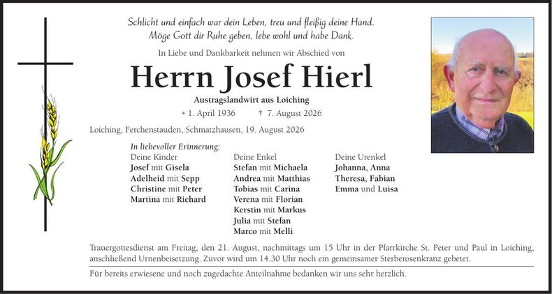 Traueranzeige Josef Hierl