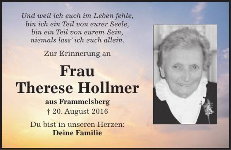 Traueranzeige Therese Hollmer