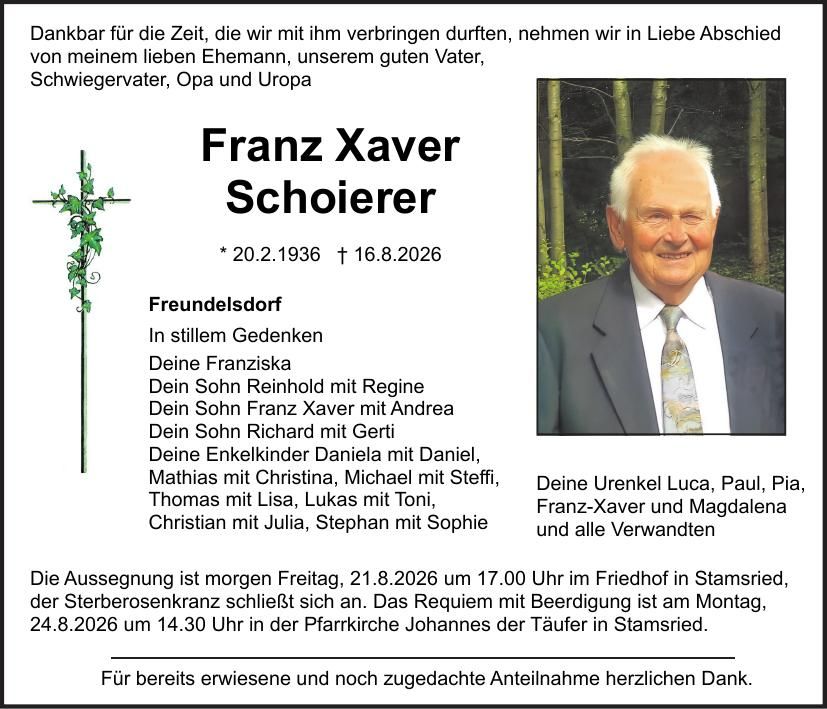 Traueranzeige Franz Xaver Schoierer