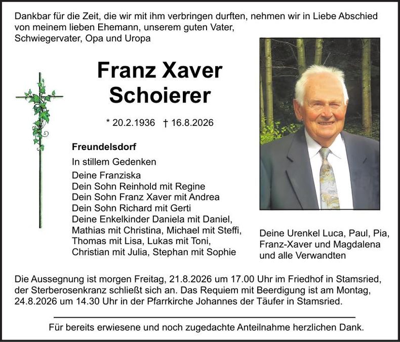 Traueranzeige Franz Xaver Schoierer