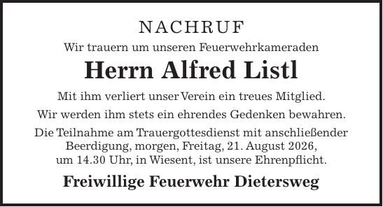 Traueranzeige Alfred Listl