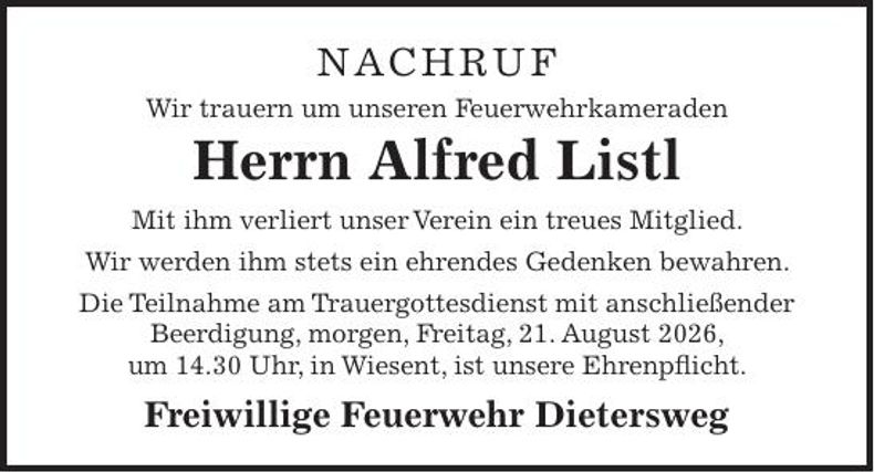 Traueranzeige Alfred Listl