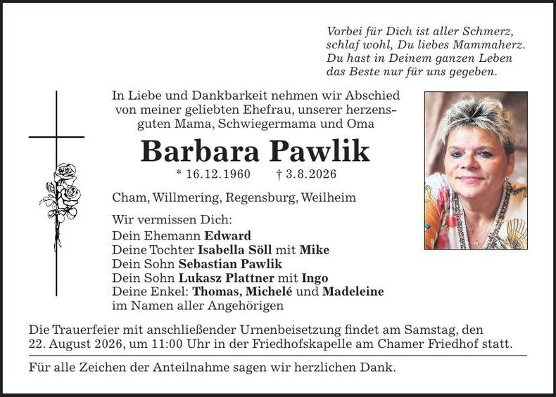 Traueranzeige Barbara Pawlik