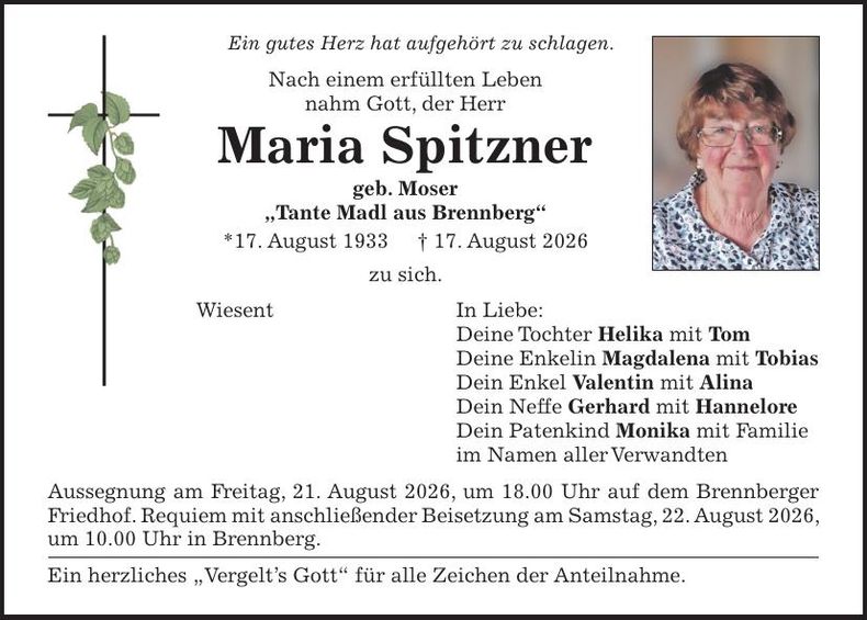 Traueranzeige Maria Spitzner