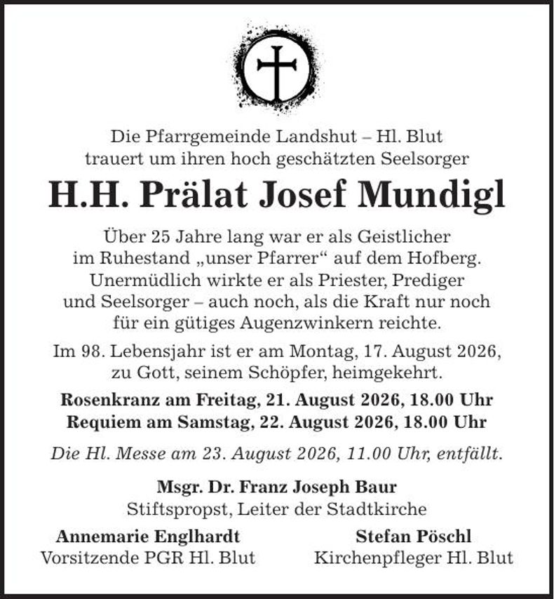 Traueranzeige H.H. Prälat Josef Mundigl