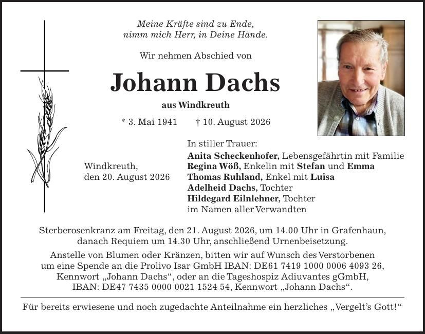 Traueranzeige Johann Dachs