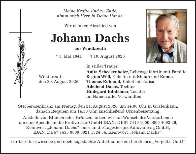 Traueranzeige Johann Dachs