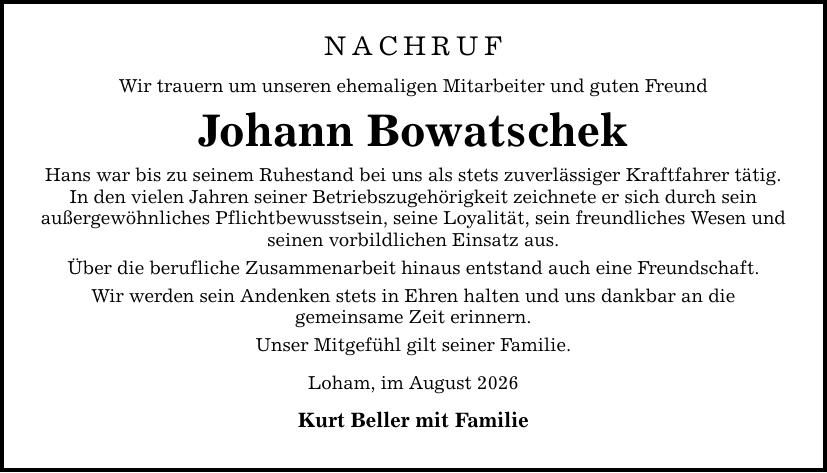 Traueranzeige Johann Bowatschek