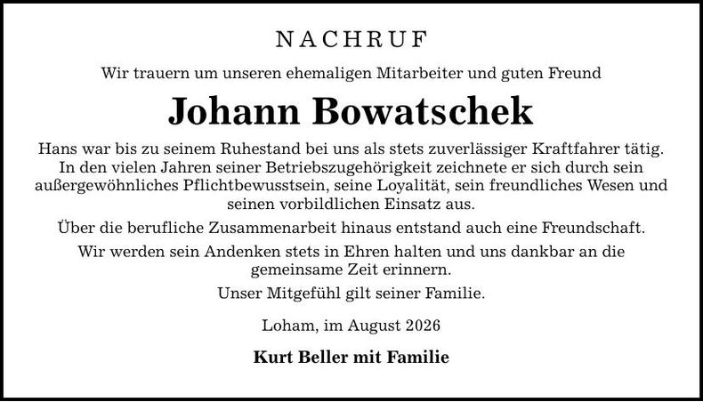 Traueranzeige Johann Bowatschek