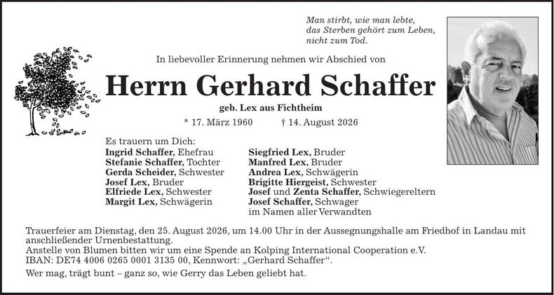 Traueranzeige Gerhard Schaffer