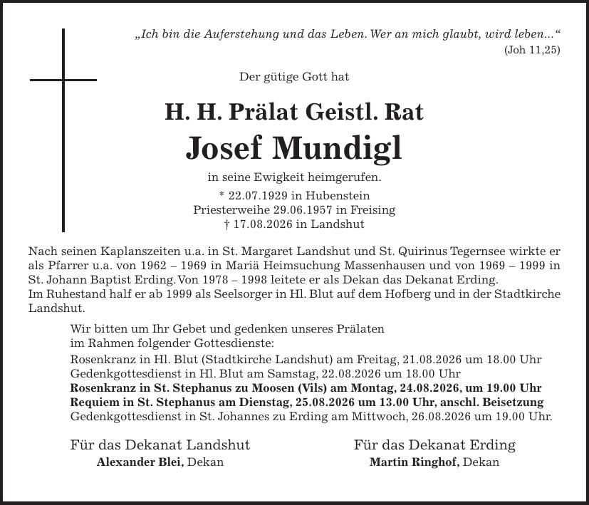 Traueranzeige H.H. Prälat Geistl. Rat Josef Mundigl