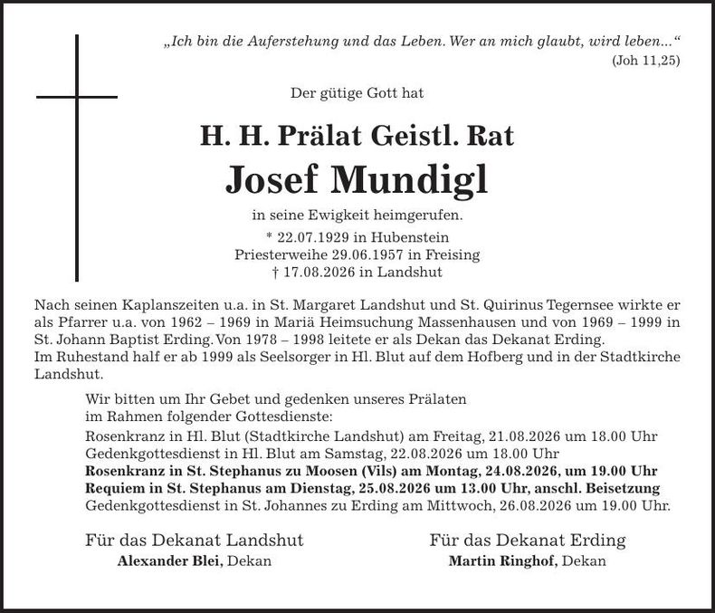 Traueranzeige H.H. Prälat Geistl. Rat Josef Mundigl