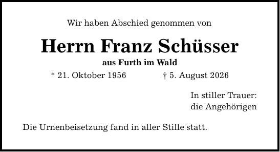 Traueranzeige Franz Schüsser