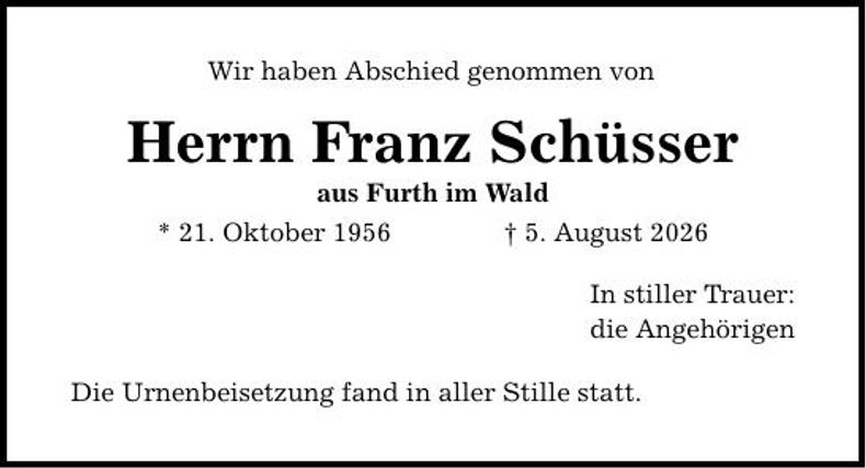 Traueranzeige Franz  Schüsser 