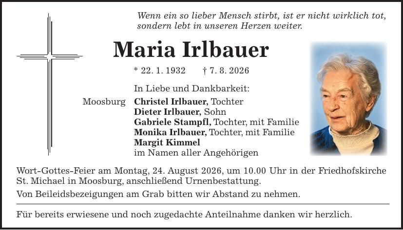 Traueranzeige Maria Irlbauer