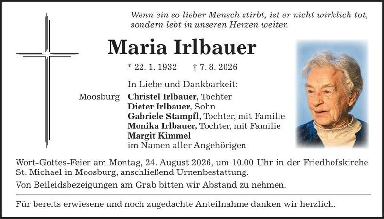 Traueranzeige Maria Irlbauer