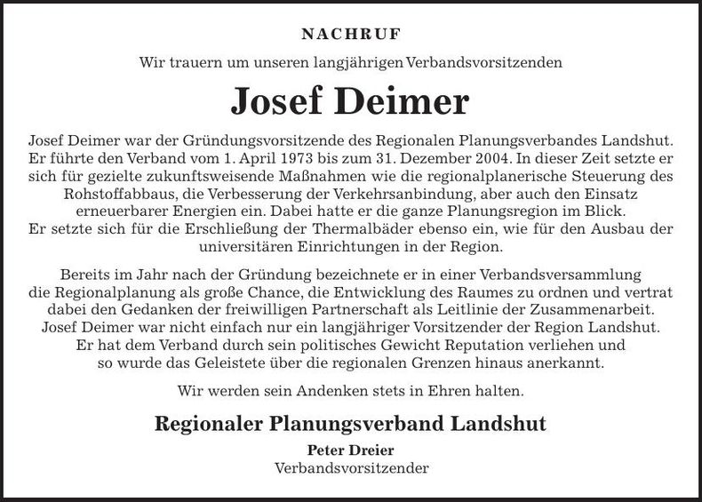 Traueranzeige Josef Deimer