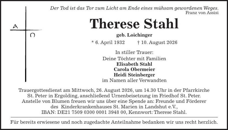 Traueranzeige Therese Stahl