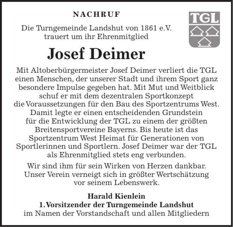 Traueranzeige Josef Deimer