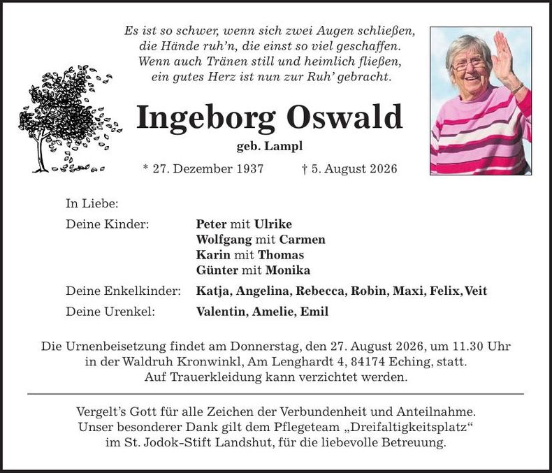 Traueranzeige Ingeborg Oswald