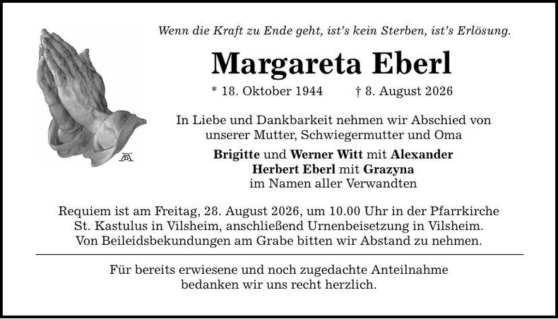 Traueranzeige Margareta Eberl