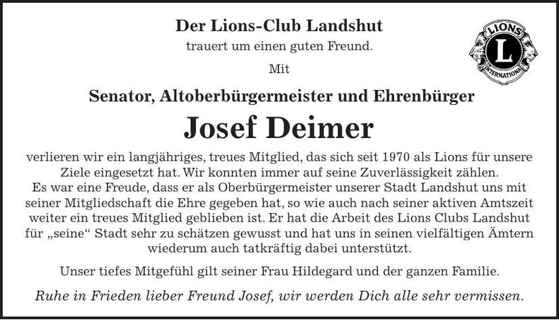 Traueranzeige Josef Deimer
