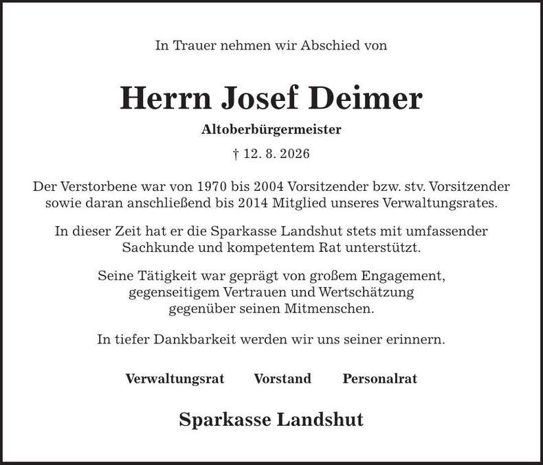 Traueranzeige Josef Deimer