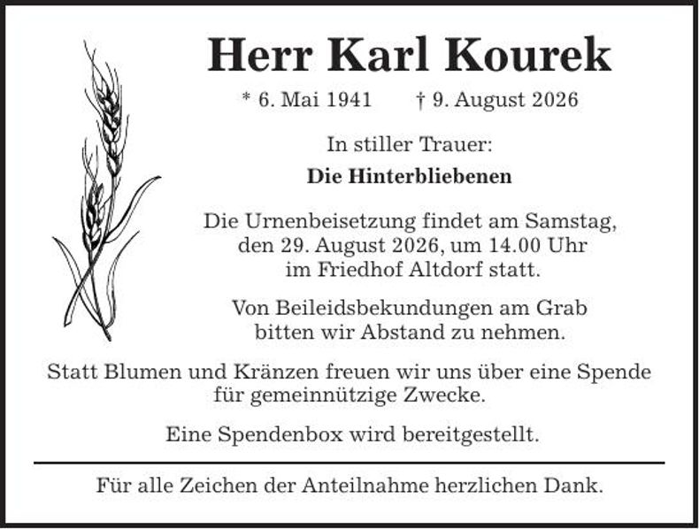 Traueranzeige Karl Kourek