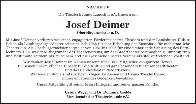 Traueranzeige Josef Deimer