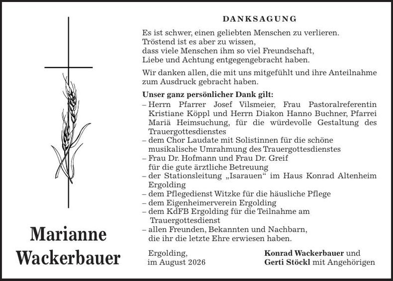 Traueranzeige Marianne Wackerbauer