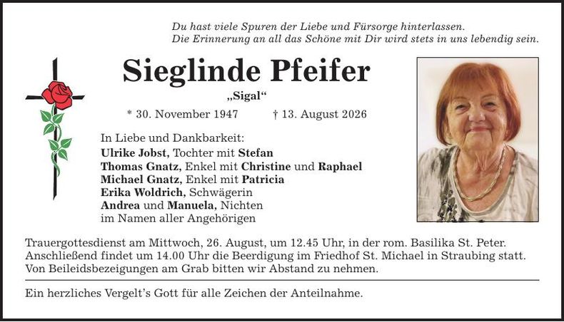 Traueranzeige Sieglinde Pfeifer