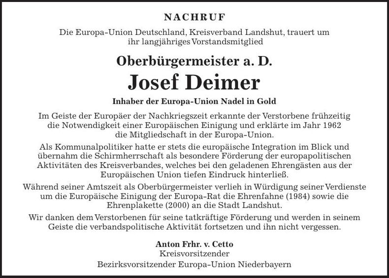 Traueranzeige Josef Deimer